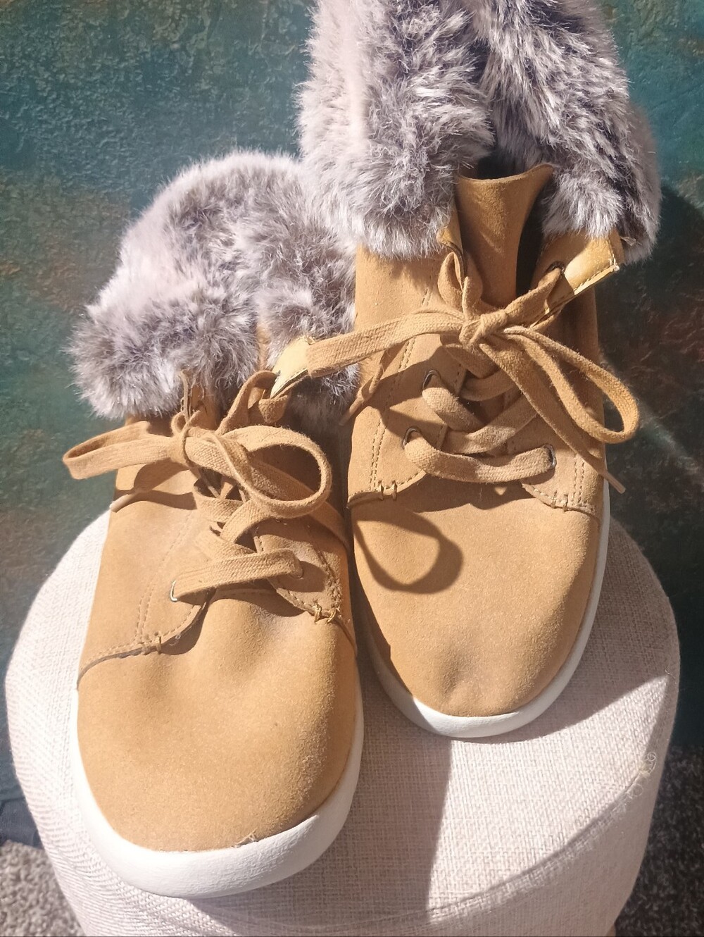 Bear Paw Tan Lace-Up Faux-Fur Ankle Boots